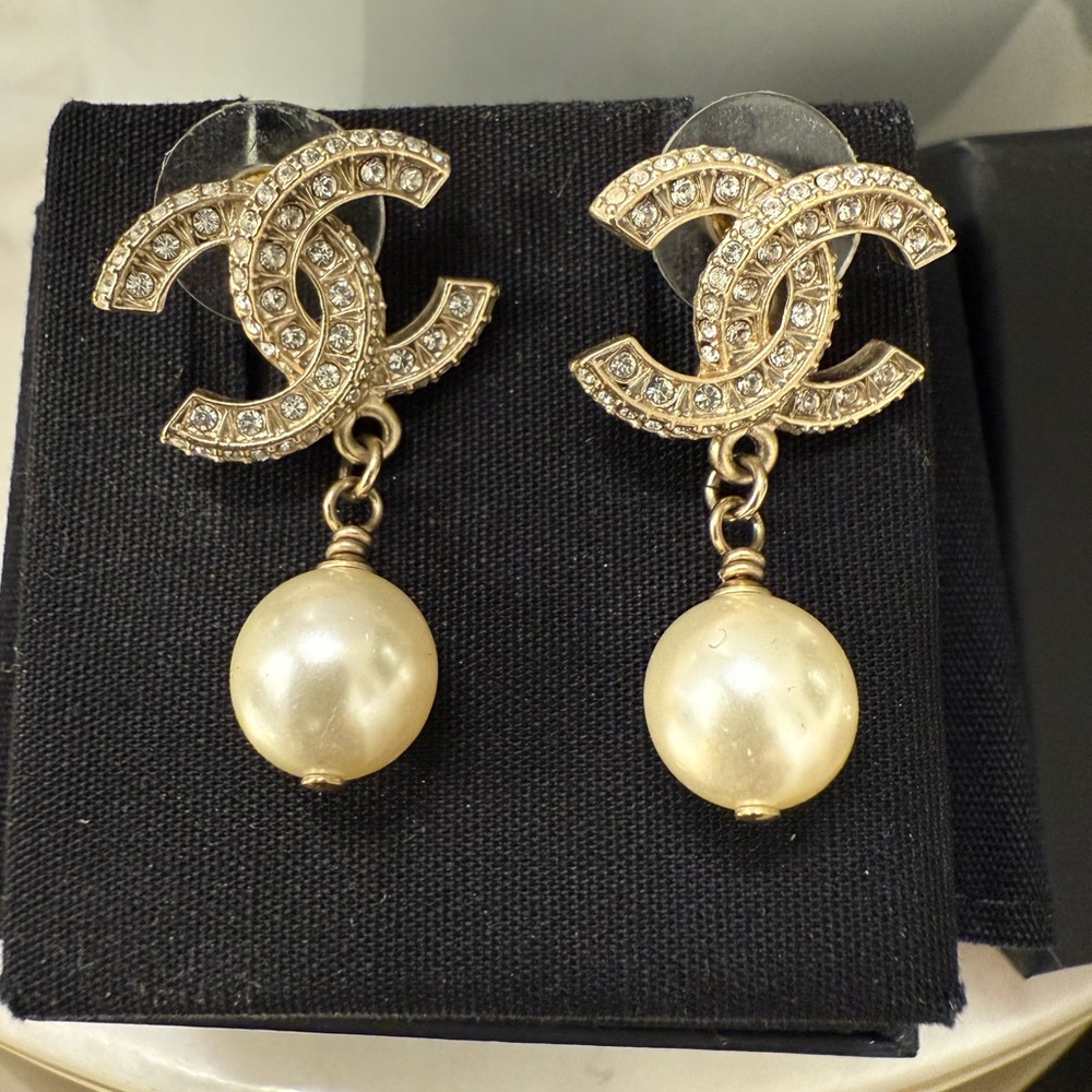 Chanel Classic Cc Logo Crystal Pearl Drop Earrings